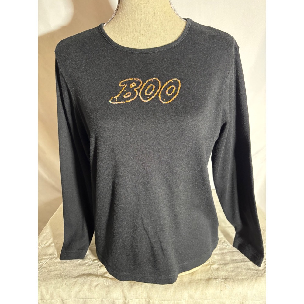 Womens Studio Treat Black Long Sleeve Top Orange Sequin Boo Halloween‎